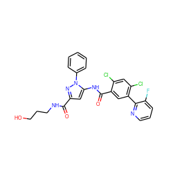 O=C(NCCCO)c1cc(NC(=O)c2cc(-c3ncccc3F)c(Cl)cc2Cl)n(-c2ccccc2)n1 ZINC001772629297