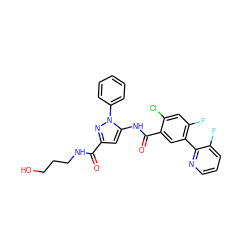 O=C(NCCCO)c1cc(NC(=O)c2cc(-c3ncccc3F)c(F)cc2Cl)n(-c2ccccc2)n1 ZINC001772636653