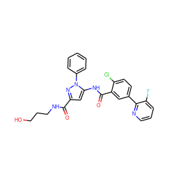 O=C(NCCCO)c1cc(NC(=O)c2cc(-c3ncccc3F)ccc2Cl)n(-c2ccccc2)n1 ZINC001772589859