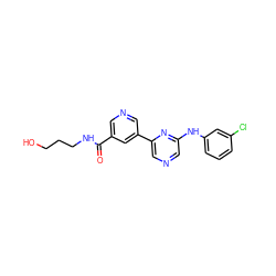 O=C(NCCCO)c1cncc(-c2cncc(Nc3cccc(Cl)c3)n2)c1 ZINC000013648374