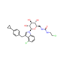 O=C(NCCCl)NC[C@H]1O[C@@H](n2cc(Cc3ccc(C4CC4)cc3)c3c(Cl)cccc32)[C@H](O)[C@@H](O)[C@@H]1O ZINC000219001888