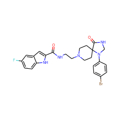 O=C(NCCN1CCC2(CC1)C(=O)NCN2c1ccc(Br)cc1)c1cc2cc(F)ccc2[nH]1 ZINC000064503844