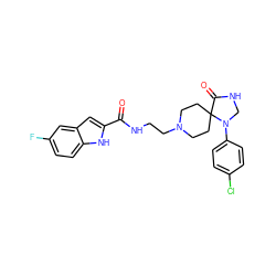 O=C(NCCN1CCC2(CC1)C(=O)NCN2c1ccc(Cl)cc1)c1cc2cc(F)ccc2[nH]1 ZINC000064426336