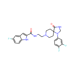 O=C(NCCN1CCC2(CC1)C(=O)NCN2c1ccc(F)c(F)c1)c1cc2cc(F)ccc2[nH]1 ZINC000064437262