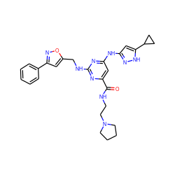 O=C(NCCN1CCCC1)c1cc(Nc2cc(C3CC3)[nH]n2)nc(NCc2cc(-c3ccccc3)no2)n1 ZINC000139796019