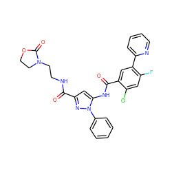 O=C(NCCN1CCOC1=O)c1cc(NC(=O)c2cc(-c3ccccn3)c(F)cc2Cl)n(-c2ccccc2)n1 ZINC001772621119