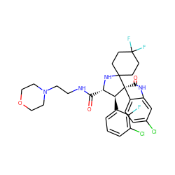 O=C(NCCN1CCOCC1)[C@@H]1NC2(CCC(F)(F)CC2)[C@]2(C(=O)Nc3cc(Cl)ccc32)[C@H]1c1cccc(Cl)c1F ZINC000169700239
