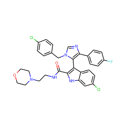 O=C(NCCN1CCOCC1)c1[nH]c2cc(Cl)ccc2c1-c1c(-c2ccc(F)cc2)ncn1Cc1ccc(Cl)cc1 ZINC001772650367