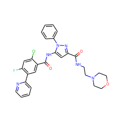 O=C(NCCN1CCOCC1)c1cc(NC(=O)c2cc(-c3ccccn3)c(F)cc2Cl)n(-c2ccccc2)n1 ZINC001772627233