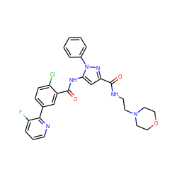 O=C(NCCN1CCOCC1)c1cc(NC(=O)c2cc(-c3ncccc3F)ccc2Cl)n(-c2ccccc2)n1 ZINC001772636071