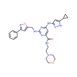 O=C(NCCN1CCOCC1)c1cc(Nc2cc(C3CC3)[nH]n2)nc(NCc2cc(-c3ccccc3)no2)n1 ZINC000203004432