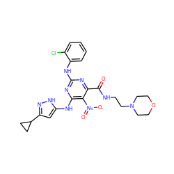 O=C(NCCN1CCOCC1)c1nc(Nc2ccccc2Cl)nc(Nc2cc(C3CC3)n[nH]2)c1[N+](=O)[O-] ZINC000139757339