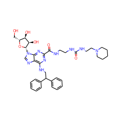 O=C(NCCNC(=O)c1nc(NCC(c2ccccc2)c2ccccc2)c2ncn([C@@H]3O[C@H](CO)[C@@H](O)[C@H]3O)c2n1)NCCN1CCCCC1 ZINC000049784707