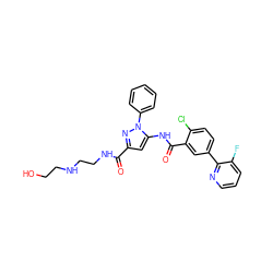 O=C(NCCNCCO)c1cc(NC(=O)c2cc(-c3ncccc3F)ccc2Cl)n(-c2ccccc2)n1 ZINC001772636193