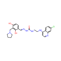 O=C(NCCNc1ccnc2cc(Cl)ccc12)N/N=C/c1ccc(O)c(CN2CCCC2)c1O ZINC000014980209