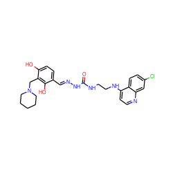 O=C(NCCNc1ccnc2cc(Cl)ccc12)N/N=C/c1ccc(O)c(CN2CCCCC2)c1O ZINC000014980212