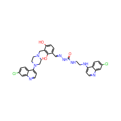 O=C(NCCNc1ccnc2cc(Cl)ccc12)N/N=C/c1ccc(O)c(CN2CCN(c3ccnc4cc(Cl)ccc34)CC2)c1O ZINC000028642346