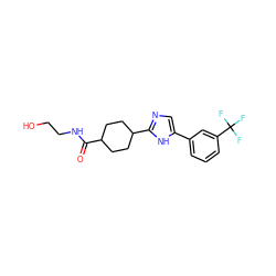 O=C(NCCO)C1CCC(c2ncc(-c3cccc(C(F)(F)F)c3)[nH]2)CC1 ZINC000013560641