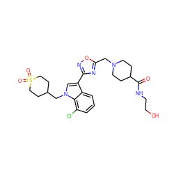 O=C(NCCO)C1CCN(Cc2nc(-c3cn(CC4CCS(=O)(=O)CC4)c4c(Cl)cccc34)no2)CC1 ZINC000084596921