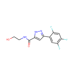 O=C(NCCO)c1cc(-c2cc(F)c(F)cc2F)n[nH]1 ZINC000040394162