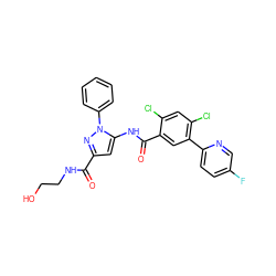 O=C(NCCO)c1cc(NC(=O)c2cc(-c3ccc(F)cn3)c(Cl)cc2Cl)n(-c2ccccc2)n1 ZINC001772648983