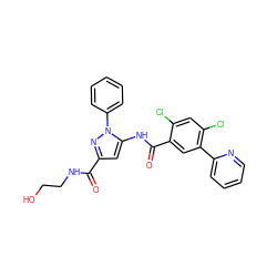 O=C(NCCO)c1cc(NC(=O)c2cc(-c3ccccn3)c(Cl)cc2Cl)n(-c2ccccc2)n1 ZINC001772644132