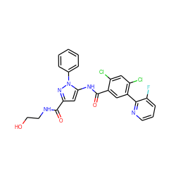 O=C(NCCO)c1cc(NC(=O)c2cc(-c3ncccc3F)c(Cl)cc2Cl)n(-c2ccccc2)n1 ZINC001772573570