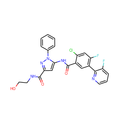 O=C(NCCO)c1cc(NC(=O)c2cc(-c3ncccc3F)c(F)cc2Cl)n(-c2ccccc2)n1 ZINC001772593824