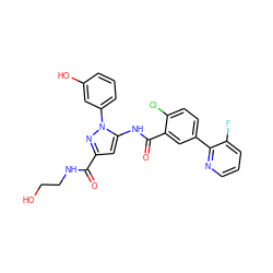 O=C(NCCO)c1cc(NC(=O)c2cc(-c3ncccc3F)ccc2Cl)n(-c2cccc(O)c2)n1 ZINC001772626200