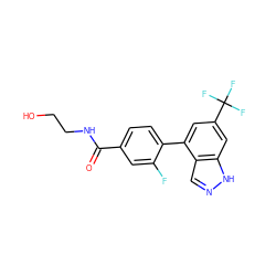 O=C(NCCO)c1ccc(-c2cc(C(F)(F)F)cc3[nH]ncc23)c(F)c1 ZINC000222362725