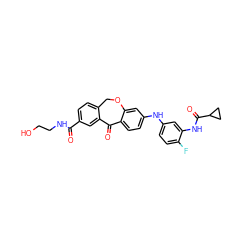 O=C(NCCO)c1ccc2c(c1)C(=O)c1ccc(Nc3ccc(F)c(NC(=O)C4CC4)c3)cc1OC2 ZINC001772619689