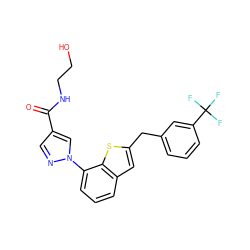 O=C(NCCO)c1cnn(-c2cccc3cc(Cc4cccc(C(F)(F)F)c4)sc23)c1 ZINC000208343147