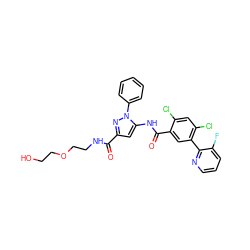 O=C(NCCOCCO)c1cc(NC(=O)c2cc(-c3ncccc3F)c(Cl)cc2Cl)n(-c2ccccc2)n1 ZINC001772640391