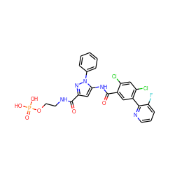 O=C(NCCOP(=O)(O)O)c1cc(NC(=O)c2cc(-c3ncccc3F)c(Cl)cc2Cl)n(-c2ccccc2)n1 ZINC001772643900