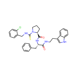 O=C(NCCc1c[nH]c2ccccc12)[C@H](Cc1ccccc1)NC(=O)[C@@H]1CCCN1C(=S)NCc1ccccc1Cl ZINC000026937493