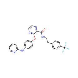 O=C(NCCc1ccc(C(F)(F)F)cc1)c1nccnc1Oc1ccc(Nc2ccccn2)cc1 ZINC000139354783