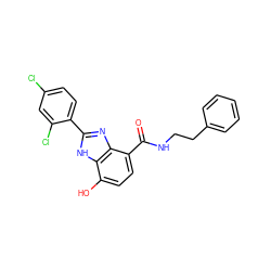 O=C(NCCc1ccccc1)c1ccc(O)c2[nH]c(-c3ccc(Cl)cc3Cl)nc12 ZINC000028950433