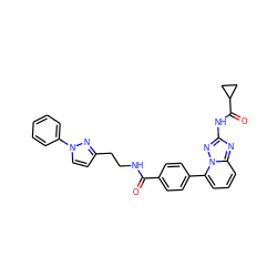 O=C(NCCc1ccn(-c2ccccc2)n1)c1ccc(-c2cccc3nc(NC(=O)C4CC4)nn23)cc1 ZINC000299822876