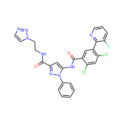 O=C(NCCn1ccnn1)c1cc(NC(=O)c2cc(-c3ncccc3F)c(Cl)cc2Cl)n(-c2ccccc2)n1 ZINC001772617654