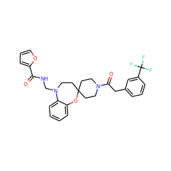 O=C(NCN1CCC2(CCN(C(=O)Cc3cccc(C(F)(F)F)c3)CC2)Oc2ccccc21)c1ccco1 ZINC000095598068