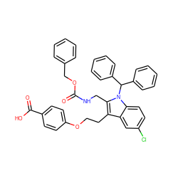 O=C(NCc1c(CCOc2ccc(C(=O)O)cc2)c2cc(Cl)ccc2n1C(c1ccccc1)c1ccccc1)OCc1ccccc1 ZINC000049776306