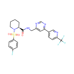 O=C(NCc1cc(-c2ccc(C(F)(F)F)nc2)ncn1)[C@@H]1CCCCN1S(=O)(=O)c1ccc(F)cc1 ZINC001772585958