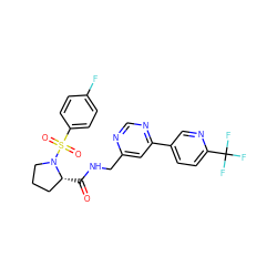 O=C(NCc1cc(-c2ccc(C(F)(F)F)nc2)ncn1)[C@@H]1CCCN1S(=O)(=O)c1ccc(F)cc1 ZINC000114797614