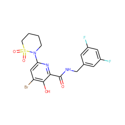 O=C(NCc1cc(F)cc(F)c1)c1nc(N2CCCCS2(=O)=O)cc(Br)c1O ZINC000003948548