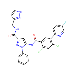 O=C(NCc1cc[nH]n1)c1cc(NC(=O)c2cc(-c3ccc(F)cn3)c(Cl)cc2Cl)n(-c2ccccc2)n1 ZINC001772623168