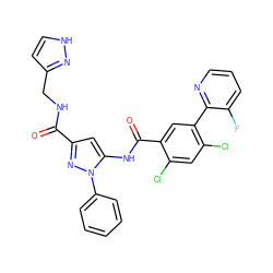 O=C(NCc1cc[nH]n1)c1cc(NC(=O)c2cc(-c3ncccc3F)c(Cl)cc2Cl)n(-c2ccccc2)n1 ZINC001772654240