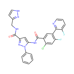 O=C(NCc1cc[nH]n1)c1cc(NC(=O)c2cc(-c3ncccc3F)c(F)cc2Cl)n(-c2ccccc2)n1 ZINC001772570250