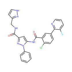 O=C(NCc1cc[nH]n1)c1cc(NC(=O)c2cc(-c3ncccc3F)ccc2Cl)n(-c2ccccc2)n1 ZINC001772585520