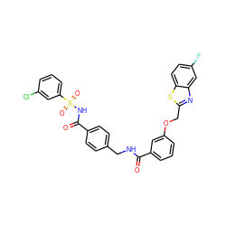 O=C(NCc1ccc(C(=O)NS(=O)(=O)c2cccc(Cl)c2)cc1)c1cccc(OCc2nc3cc(F)ccc3s2)c1 ZINC001772651629