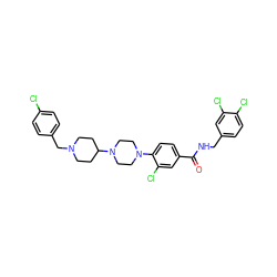 O=C(NCc1ccc(Cl)c(Cl)c1)c1ccc(N2CCN(C3CCN(Cc4ccc(Cl)cc4)CC3)CC2)c(Cl)c1 ZINC000084373618